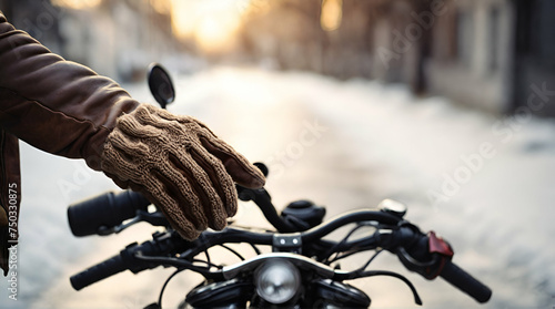 Closeup woman biker with glove safety ride acceleration speed control, hand holing handbrake on motorcycle vehicle and nature background.  generative ai  photo