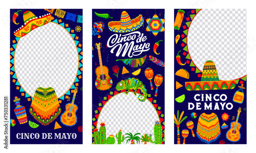 Cinco de Mayo social media template frame and banners. Cinco de Mayo holiday celebration poster, Mexican party or event social media frame with sombrero, chameleon, guitar, cuisine and cactus, pinata