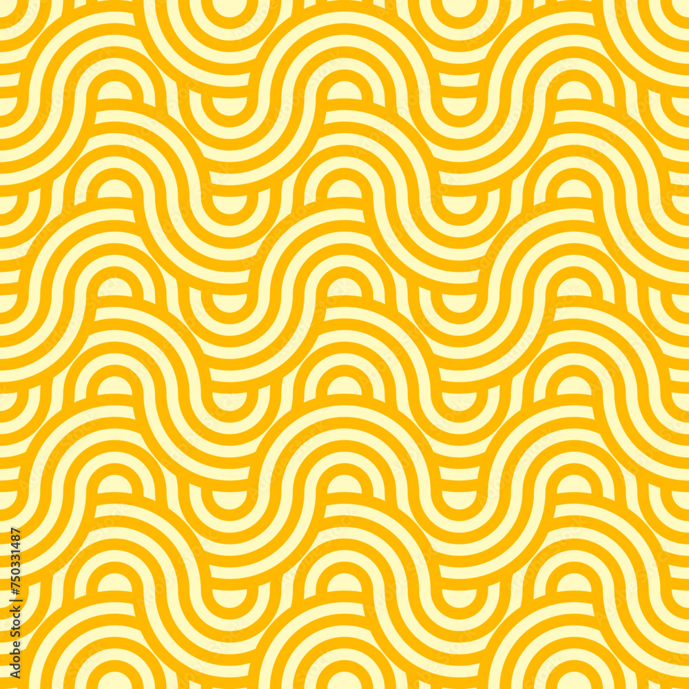 Ramen pasta noodle seamless pattern background. Asian cuisine food vector texture of yellow white wave lines geometric ornaments. Japanese and chinese ramen noodle pattern, oriental menu background