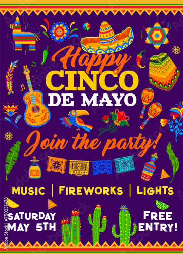 Cinco de mayo holiday party flyer. Vector invitation poster with traditional Hispanic sombrero  guitar  poncho and cacti. Pinata  tropical flowers  papel picado flags and maracas with tequila bottles