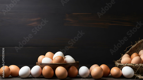 Different sized eggs from free range flock. Creative Banner. hen lays eggs at a chicken coop in a group of chickens at a bio farm. Generative Ai
