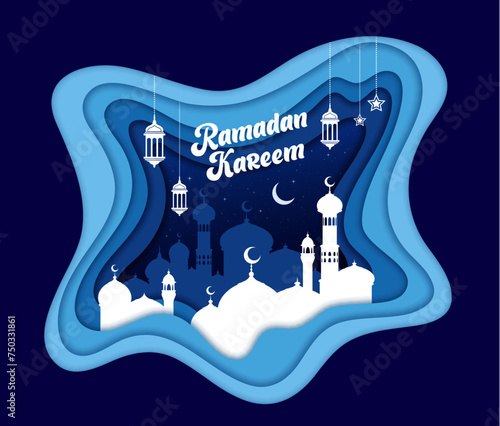 Ramadan Kareem paper cut banner. Muslim mosque, arabian lantern lamps and crescent moon on sky. Arabic greeting, Ramadan Kareem holiday banner or Eid Mubarak celebration paper cut vector background