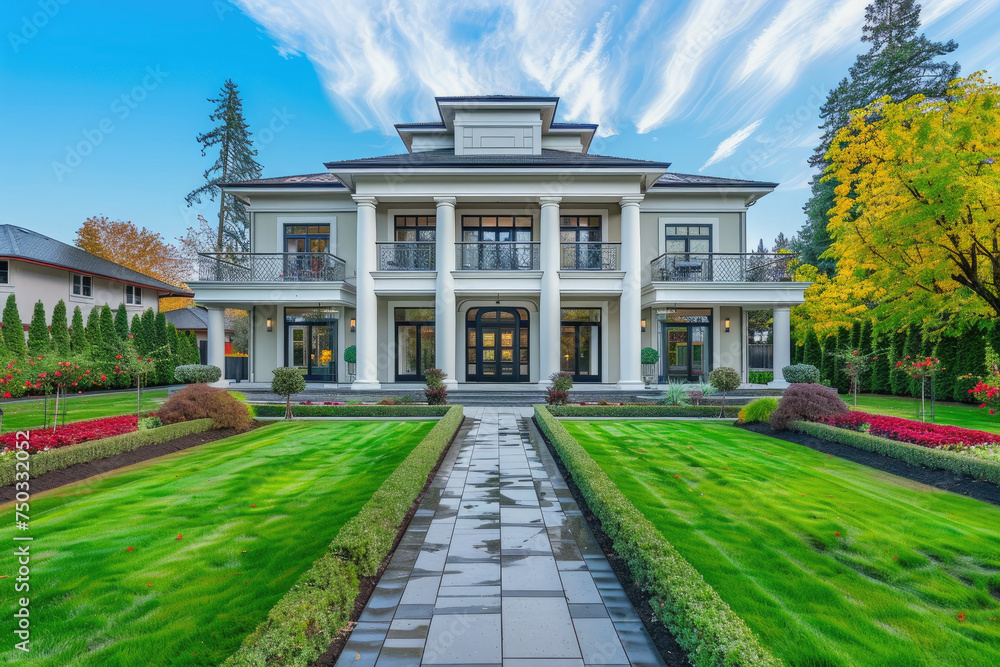 Beautiful exterior of newly built luxury home. Yard with green grass and walkway lead to ornately designed covered porch and front entrance, flowers garden - obrazy, fototapety, plakaty 