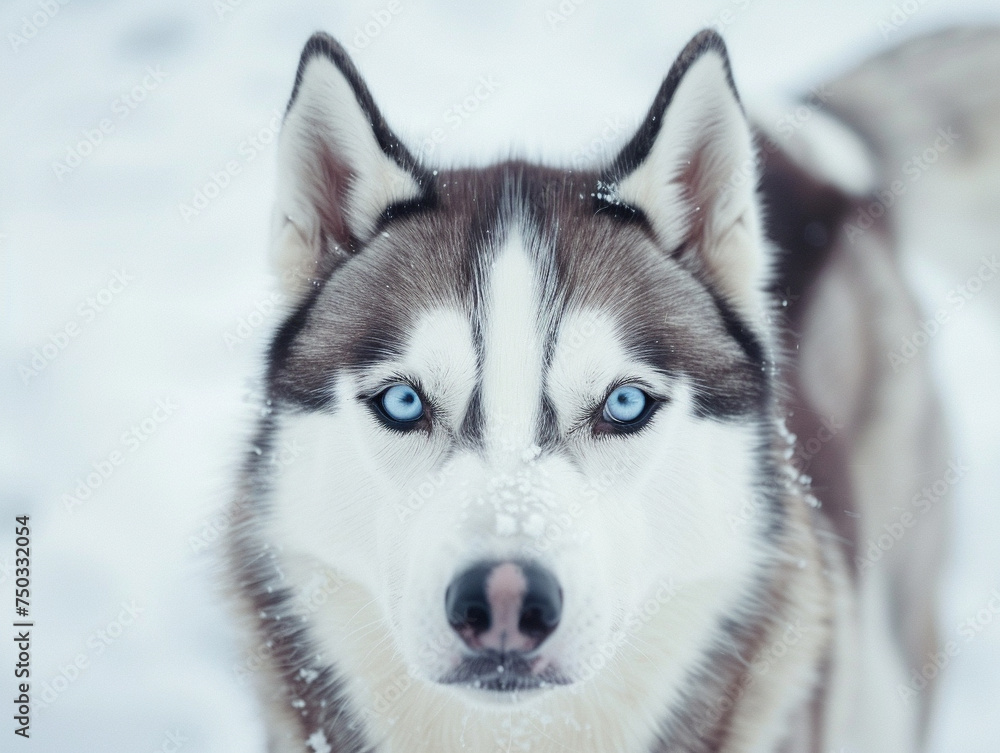 Siberian husky with ice-blue eyes and thick fur, contrasting with a snowy background Siberian husky with ice-blue eyes and thick fur, contrasting with a snowy background