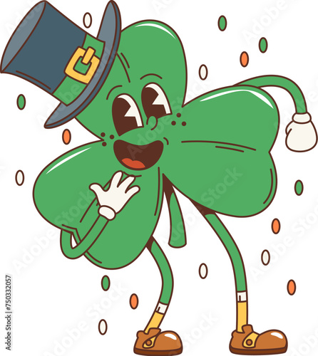 Cartoon retro shamrock trefoil clover groovy character, saint patrick day holiday personage. Vector funny leaf with leprechaun top hat and friendly smile spreading joy and luck for Irish festival