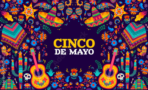 Cinco de mayo Mexican holiday banner. Greeting card with cartoon vector guitars, sombrero, chameleon, flowers and calavera sugar skull. Pyramid, bones, candle and maracas with pinata in alebrije style photo