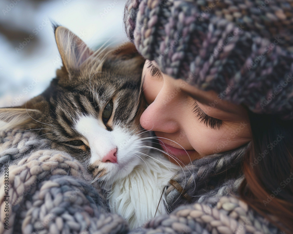 Winter cuddles with a fluffy cat, warmth and comfort in the cold Winter cuddles with a fluffy cat, warmth and comfort in the cold