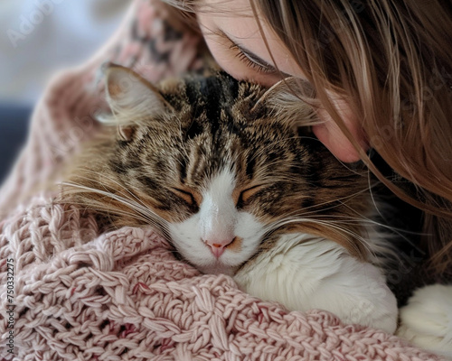 Winter cuddles with a fluffy cat, warmth and comfort in the cold