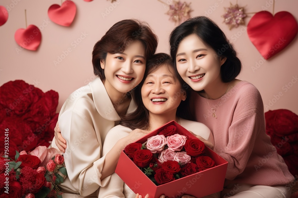 Mother's Day Korean family. An adult daughter hugs an elderly mother, gives her flowers and a gift box, smiles and looks at the camera while sitting on the couch in the living room. Mother's Day Korean family. An adult daughter hugs an elderly mother, gives her flowers and a gift box, smiles and looks at the camera while sitting on the couch in the living room.