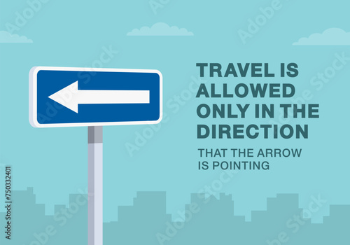 Safe driving tips and traffic regulation rules. Close-up of european one-way street sign. Traffic flow moving left. Flat vector illustration template.