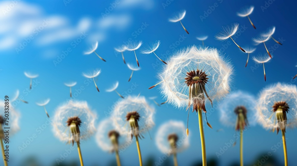 Dandelions Delicate Seeds Poised Flight Stand Out Against Soft Blue Background