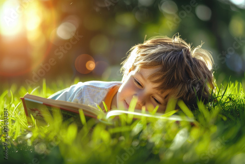 boy kid reading a book lying down in the grass photo