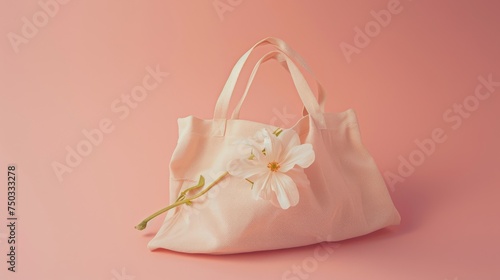 a pink tote bag with a single pink flower rests on a pastel pink backdrop
