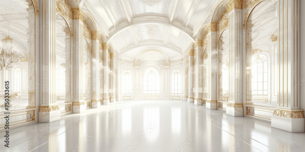 Palace Interior background. Luxury Interior of Royal Palace. White and Gold Marble Castle Hall. Posh and Rish Wedding background
