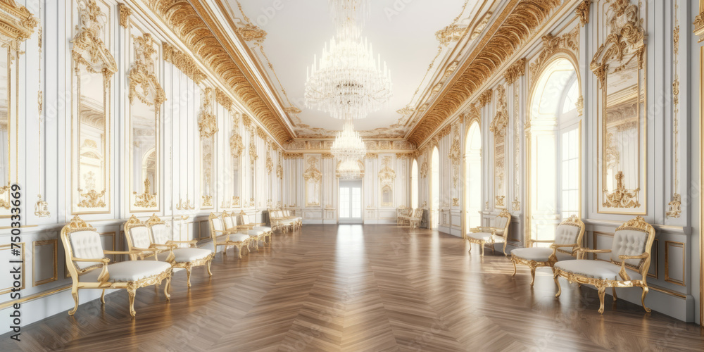 Fototapeta premium Luxury Palace Interior background. White and Gold Marble Royal Castle Hall. Posh and Rish Wedding background in Baroque style