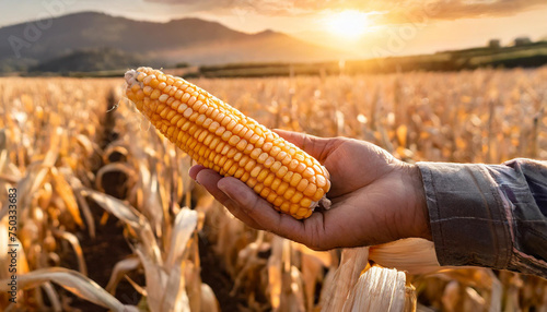 Soft orange sunlight with the farmer's hand holds a corn cob amidst the dry corn field