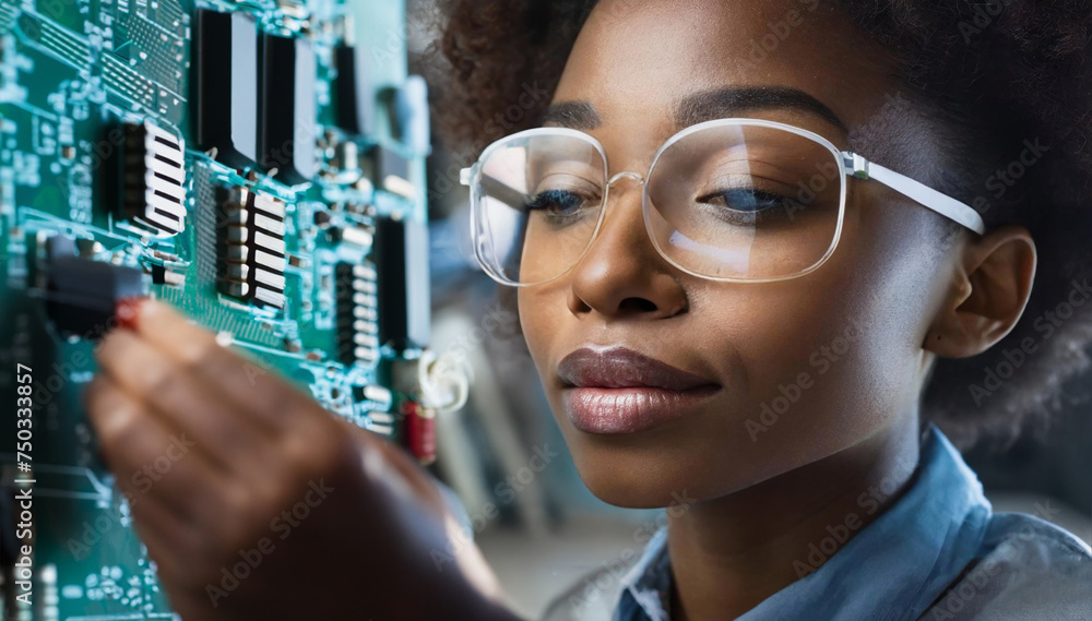 A dark-skinned girl in large glasses holds in her palms a modern electronic device hanging on glowing wires