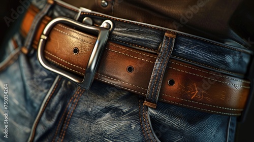 worn brown leather belt with a metal buckle rests upon a pair of blue denim jeans with a white racing stripe