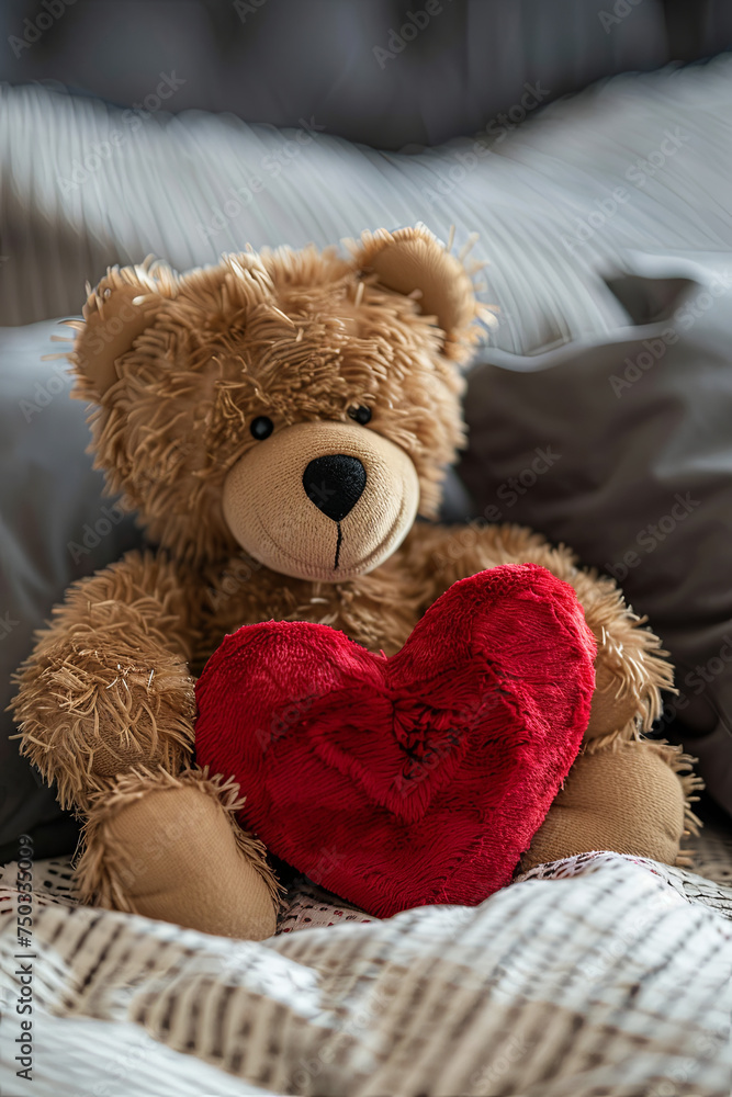 Adorable stuffed teddy bear holding a heart, concept of love and Valentine’s Day