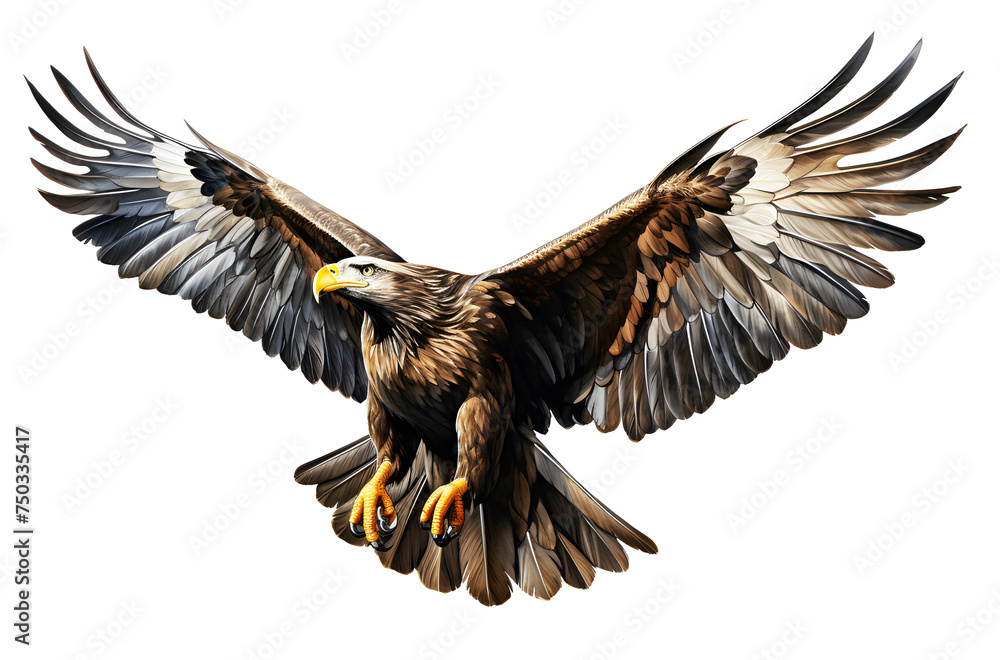 Obraz premium Picture brown eagle or hawk watercolor flying isolated on cut out PNG or transparent background. Realistic bird animal clipart template pattern.