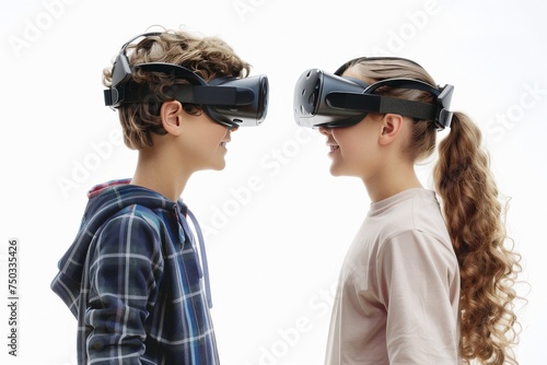 a boy and a girl  facing each other both wearing wireless VR headsets. white background  