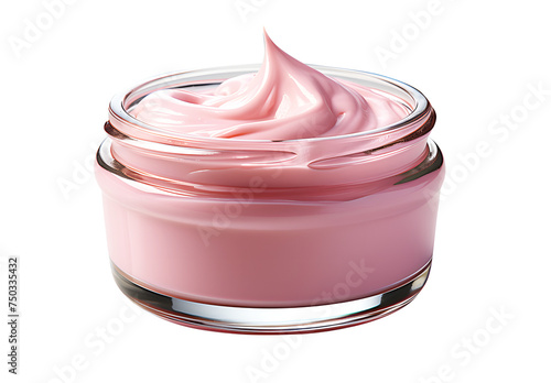 Hygienic light pink color paint face cream in jar moisturizer smear. isolated on cut out PNG or transparent background. Makeup realistic cosmetics for women. Beauty facial cosmetic product texture. photo