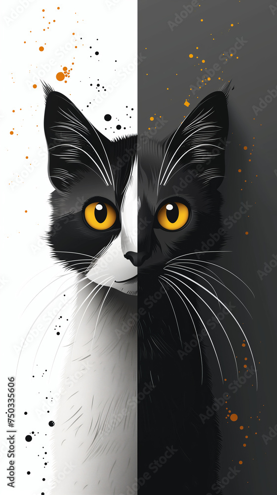 Split-Design Tuxedo Cat with Bold Gaze