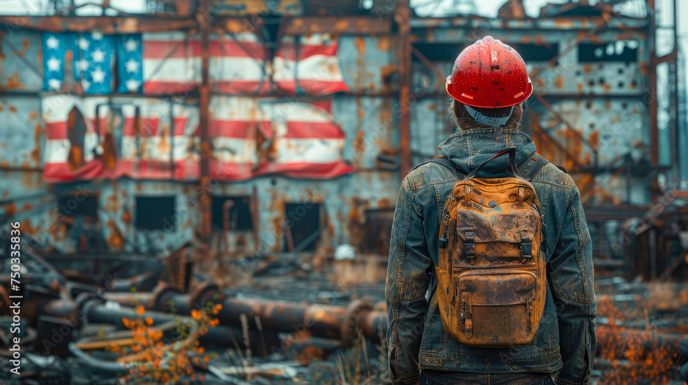 Portrait of a worker in a hardhat and with a backpack standing against the background of an old rusty iron wall Portrait of a worker in a hardhat and with a backpack standing against the background of an old rusty iron wall