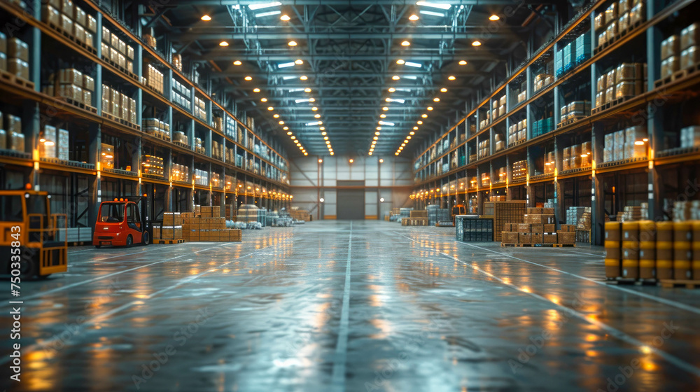 Warehouse interior with shelves and boxes in a modern factory building - obrazy, fototapety, plakaty 