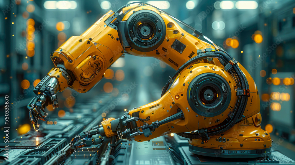 robotic arms working on assembly line in factory. Concept of artificial intelligence for industrial revolution and automation manufacturing process