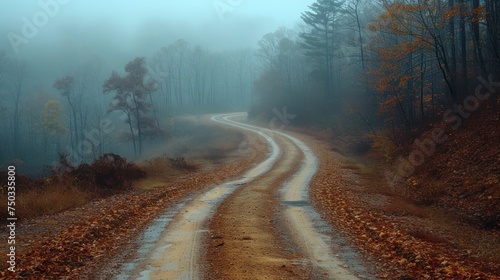  a dirt road in the middle of a forest on a foggy day with trees and leaves on both sides of the road and fog in the middle of the road.