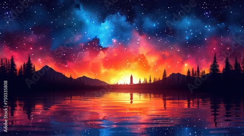  a painting of a night sky with stars and the sun rising over a mountain range with a lake in the foreground and trees on the other side of the water. © Nadia