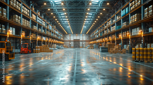 Warehouse interior with shelves and boxes in a modern factory building photo