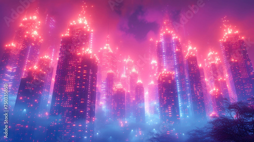 Multicolored big city abstract digital with glowing bright high buildings skyscrapers and streets futuristic energy metropolis