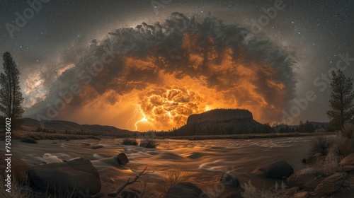  a huge cloud of smoke rising over a river in the middle of a night sky with stars and a mountain in the distance with a river running through the foreground.