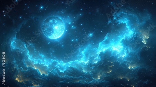  a blue sky filled with lots of stars and a bright moon in the middle of the night with clouds and stars in the sky and a bright moon in the middle of the middle of the sky.