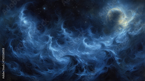  a painting of a space scene with blue clouds and a bright star in the middle of the picture, and a black background with white stars in the middle of the middle of the image.