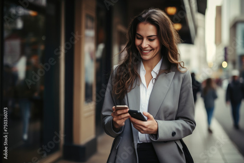 Happy businesswoman uses mobile phone while walking in street