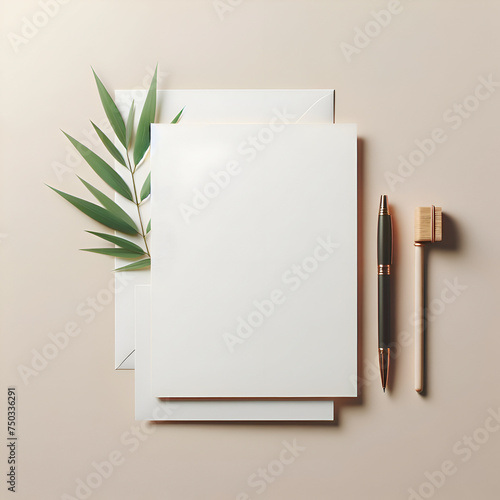 mockup Invitation card, greeting card, invitation card. empty white paper with bamboo leaf beside the paper