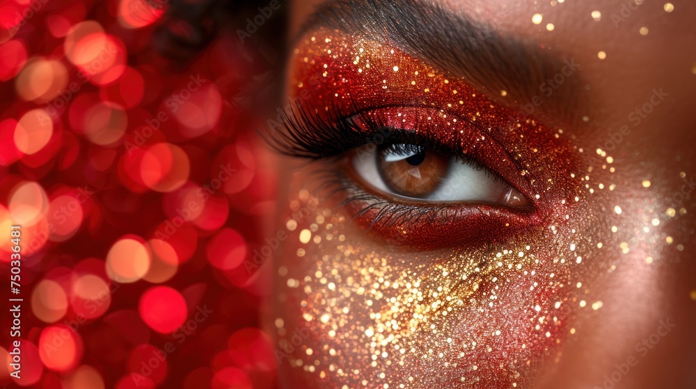 a close up of a woman's face with red and gold glitter on her eyes and a red background with red and gold circles on her eyeshadow. a close up of a woman's face with red and gold glitter on her eyes and a red background with red and gold circles on her eyeshadow.
