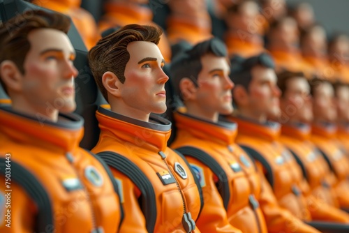 A group of orange astronauts are lined up in a row photo