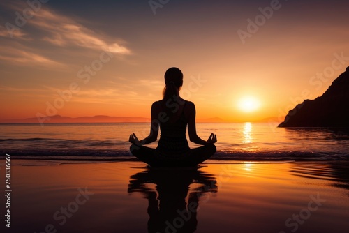 silhouette of woman meditating on the beach