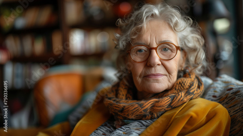 Portrait d'une femme âgée portant des lunettes sûre d'elle, bibliothèque en fond, femme de lettres, philosophe ou essayiste