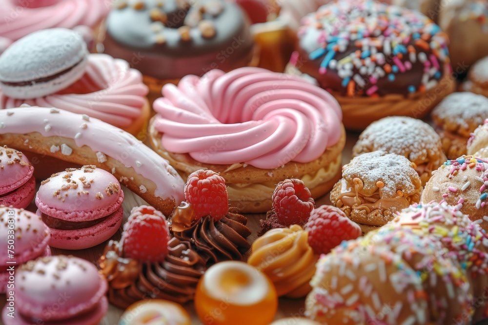 A table full of various desserts including donuts, macaroons, and raspberries A table full of various desserts including donuts, macaroons, and raspberries