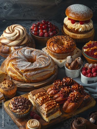 Wallpaper Mural A table full of various desserts including donuts, macaroons, and raspberries Torontodigital.ca
