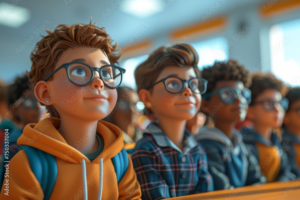 A group of children are sitting in a classroom, with one boy wearing glasses A group of children are sitting in a classroom, with one boy wearing glasses