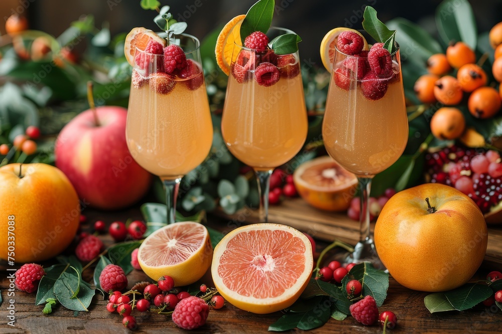 Three glasses of fruit punch with raspberries and oranges on a table with apples Three glasses of fruit punch with raspberries and oranges on a table with apples