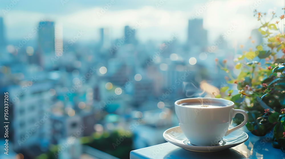 A cup of coffee on balcony and blurred view of urban cityscape.