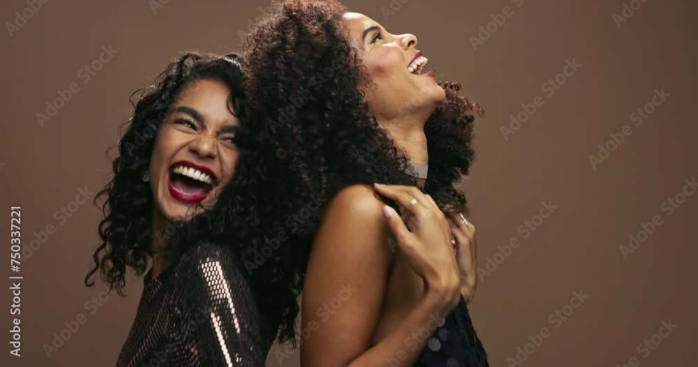 Happy woman, friends and dancing with fashion for party, makeup or cosmetics on a brown studio background. Female person or excited people enjoying fun celebration in stylish clothing for friendship Happy woman, friends and dancing with fashion for party, makeup or cosmetics on a brown studio background. Female person or excited people enjoying fun celebration in stylish clothing for friendship