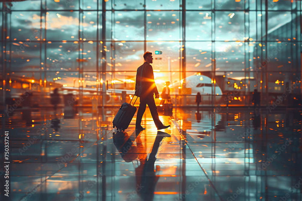 person walking with a trolley bag going for vacation, Travel, traveler in airport with a large suitcase, travel agency, luggage at the airport ,airplane flying over the clouds, passports, holiday - obrazy, fototapety, plakaty 